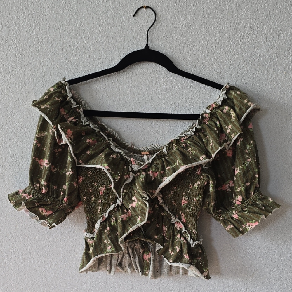 Free People Olive Green Floral Ruffle Smocked Blouse